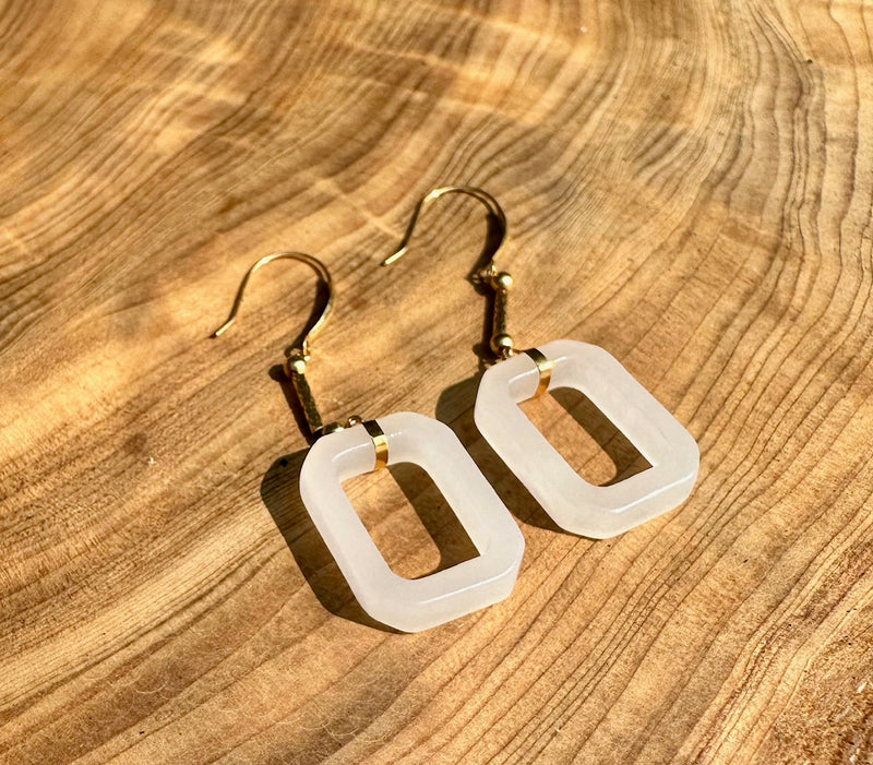 18K White Jade Earrings - Rectangle