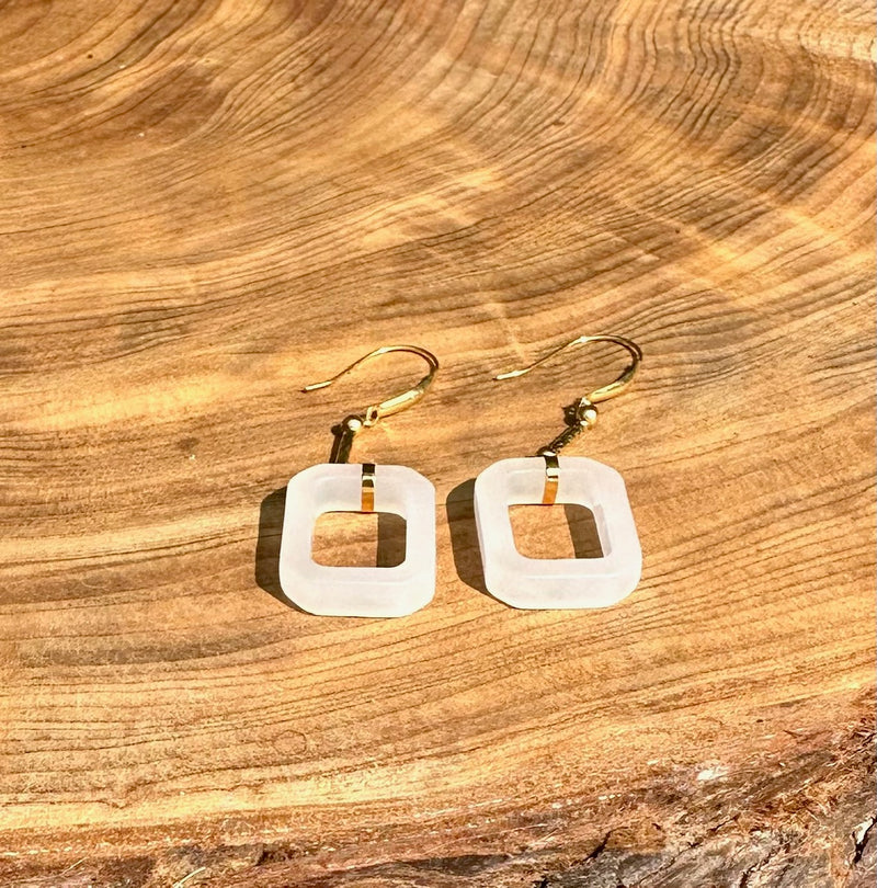 18K White Jade Earrings - Rectangle