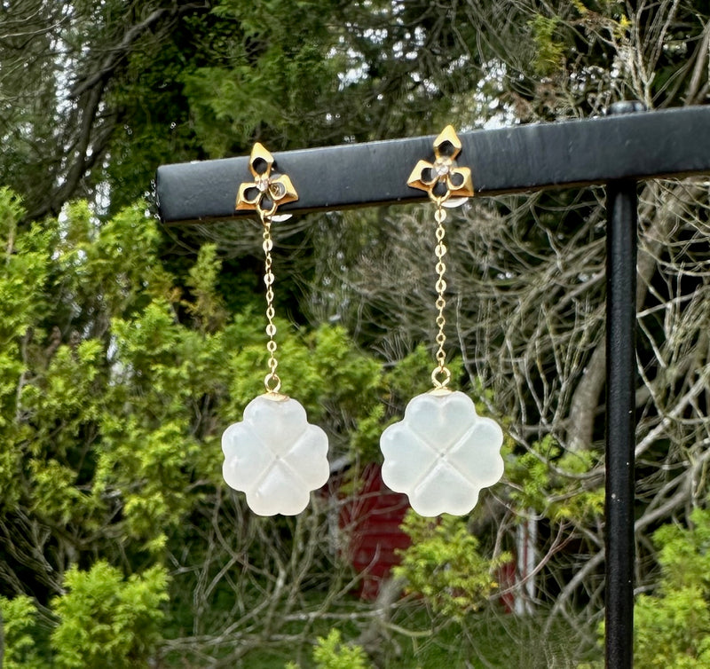 18K White Jade Earrings - Heart and Clover