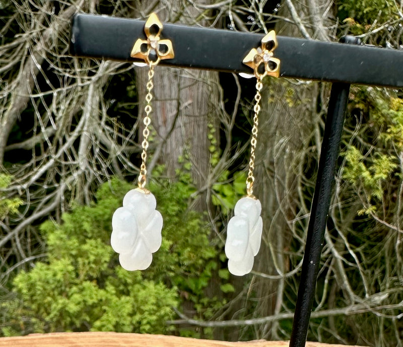 18K White Jade Earrings - Heart and Clover