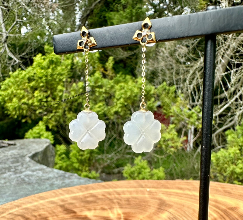 18K White Jade Earrings - Heart and Clover