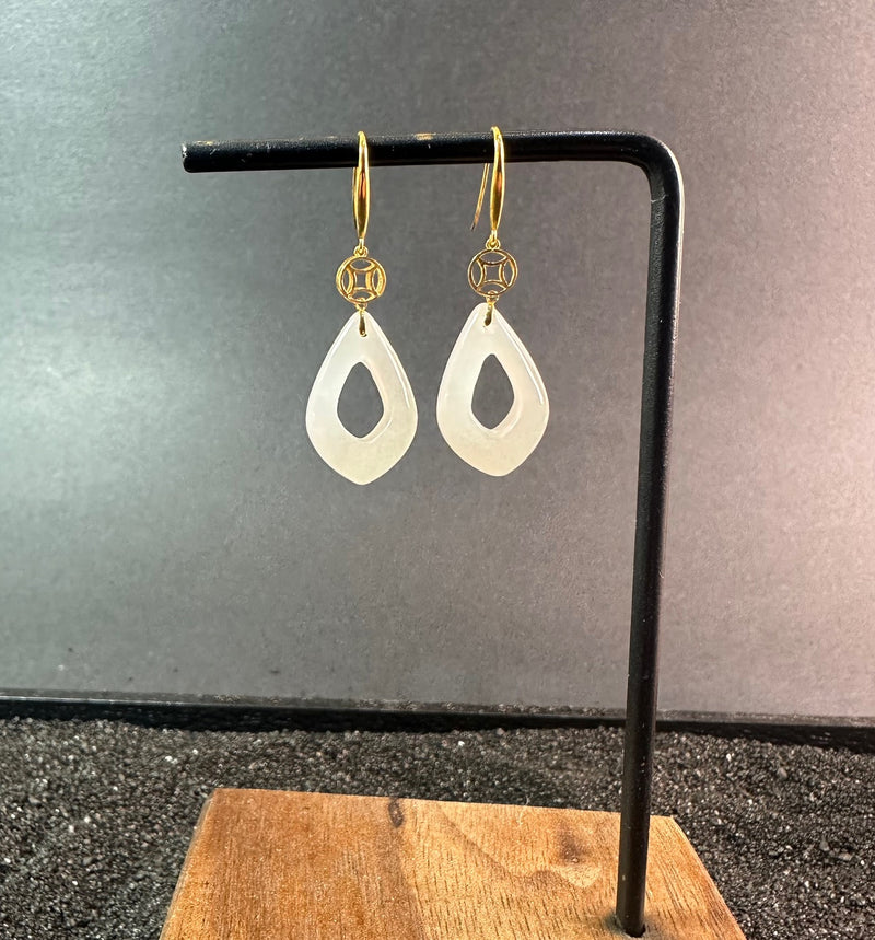 18K White Jade Earrings, 19mm