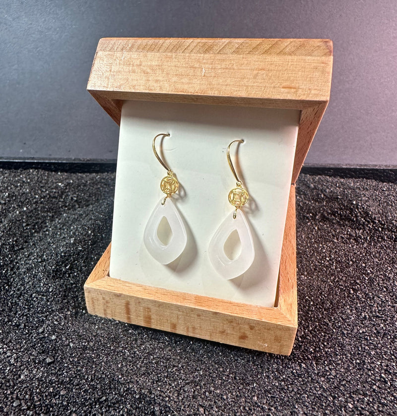 18K White Jade Earrings, 19mm