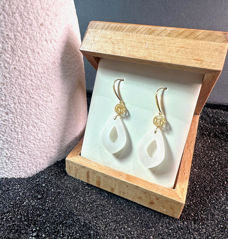 18K White Jade Earrings, 19mm