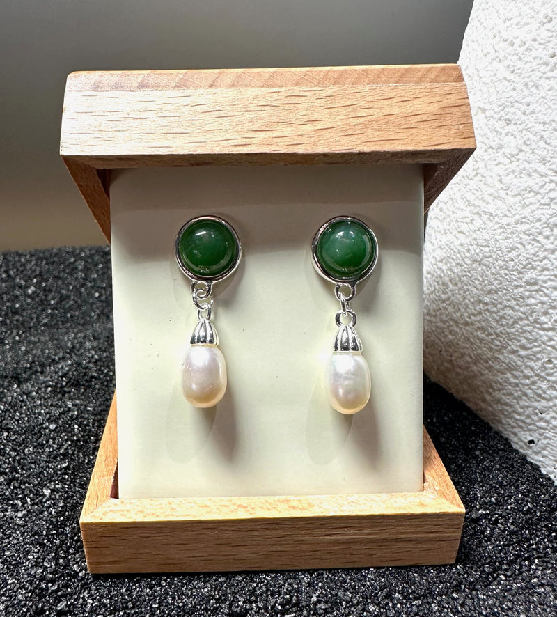 Jade and Pearl Earrings, Sterling Silver