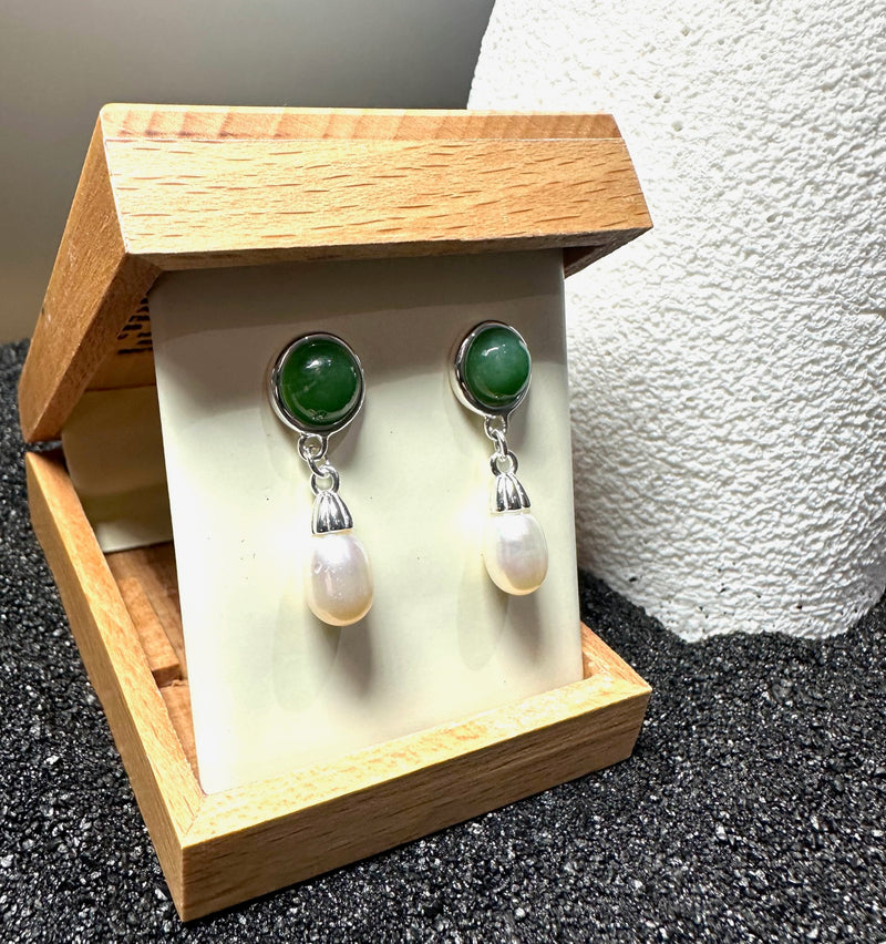 Jade and Pearl Earrings, Sterling Silver